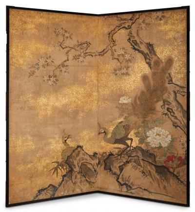 Japanese Two Panel Screen Amorous Pea fowl in Craggy Garden Landscape