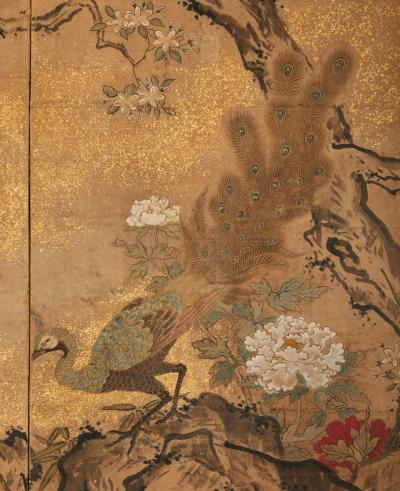 Japanese Two Panel Screen Amorous Pea fowl in Craggy Garden Landscape