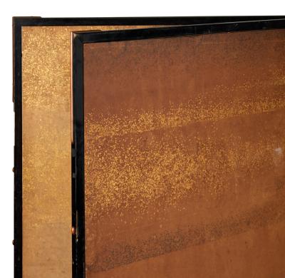 Japanese Two Panel Screen Amorous Pea fowl in Craggy Garden Landscape