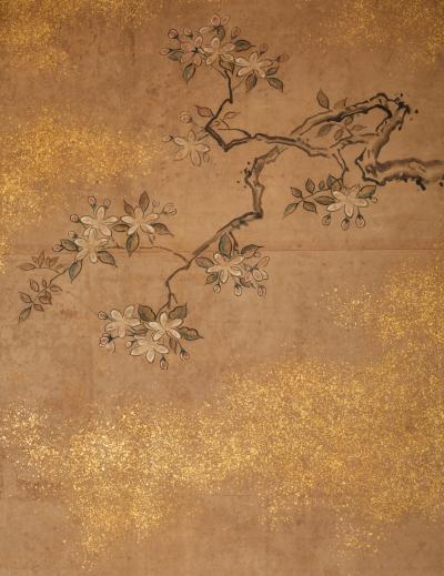 Japanese Two Panel Screen Amorous Pea fowl in Craggy Garden Landscape