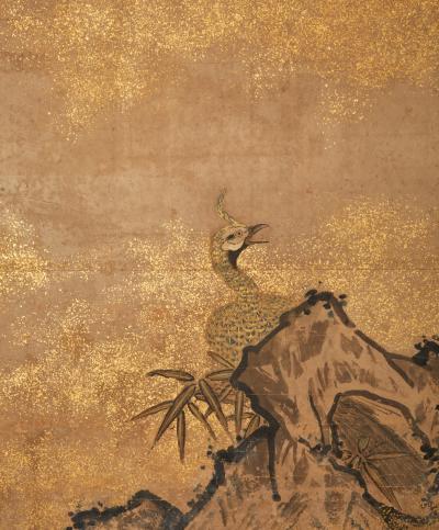 Japanese Two Panel Screen Amorous Pea fowl in Craggy Garden Landscape