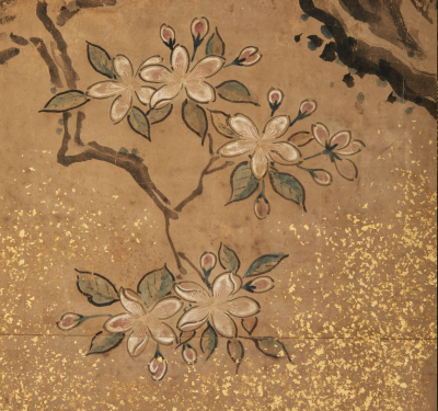 Japanese Two Panel Screen Amorous Pea fowl in Craggy Garden Landscape