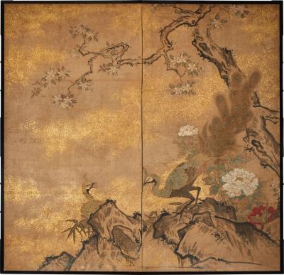 Japanese Two Panel Screen Amorous Pea fowl in Craggy Garden Landscape