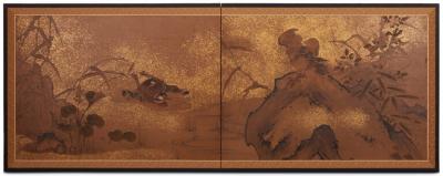 Japanese Two Panel Screen Aquatic Birds and Plants
