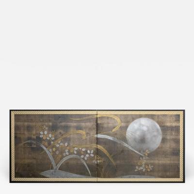 Japanese Two Panel Screen Autumn Flower and Moon on Silver