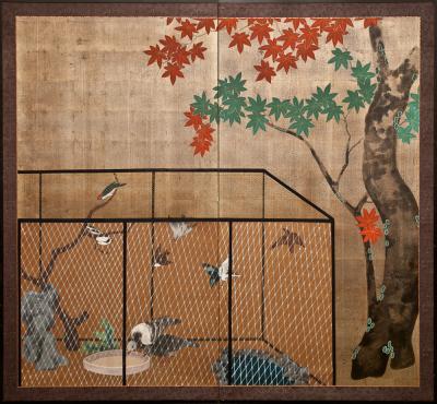 Japanese Two Panel Screen Aviary Shaded By A Maple Tree