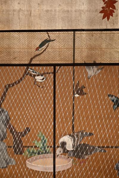 Japanese Two Panel Screen Aviary Shaded By A Maple Tree