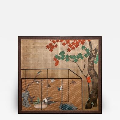 Japanese Two Panel Screen Aviary Shaded By A Maple Tree