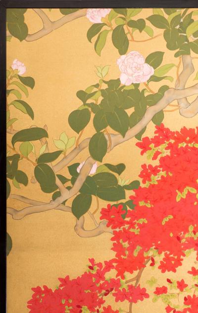Japanese Two Panel Screen Azalea Tree With Birds