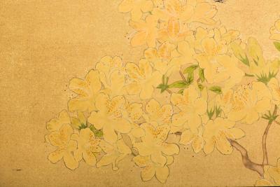 Japanese Two Panel Screen Azalea Tree With Birds