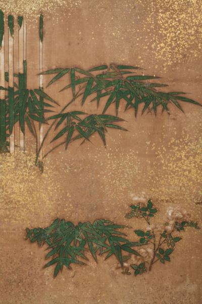 Japanese Two Panel Screen Bamboo Grove on Mulberry Paper with Gold Dust