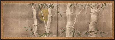Japanese Two Panel Screen Bamboo in the Moonlight on Silver