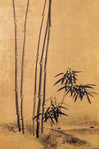 Japanese Two Panel Screen Bamboo with Calligraphy Poem
