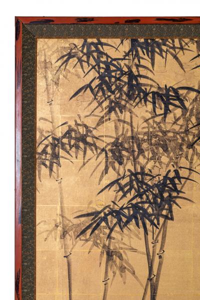 Japanese Two Panel Screen Bamboo with Calligraphy Poem