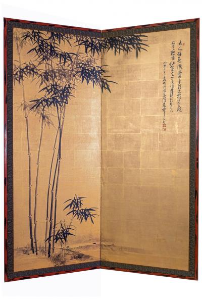 Japanese Two Panel Screen Bamboo with Calligraphy Poem