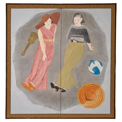 Japanese Two Panel Screen Beach Party