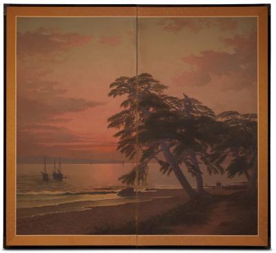 Japanese Two Panel Screen Beach Sunset with Boats