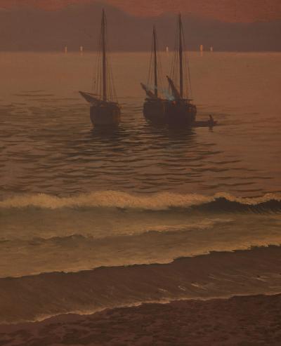 Japanese Two Panel Screen Beach Sunset with Boats