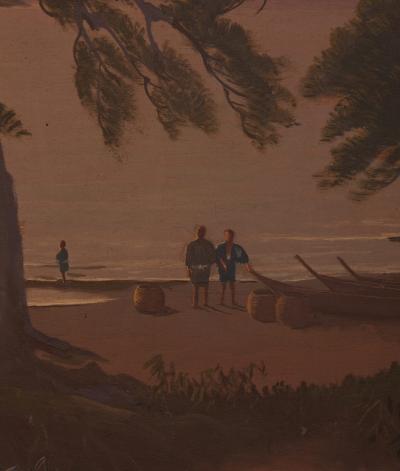 Japanese Two Panel Screen Beach Sunset with Boats
