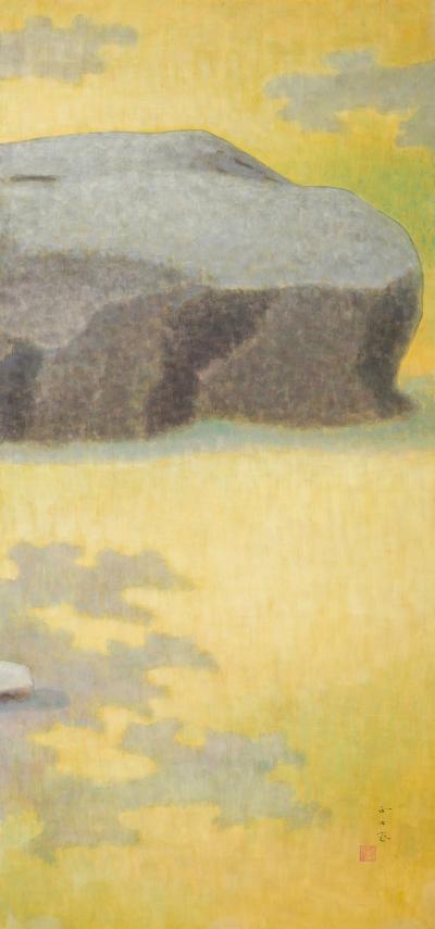 Japanese Two Panel Screen Bird on a Rock on a Minimalist Ground