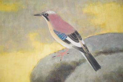 Japanese Two Panel Screen Bird on a Rock on a Minimalist Ground