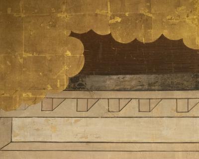 Japanese Two Panel Screen Black Stallion in Stable