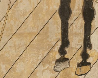 Japanese Two Panel Screen Black Stallion in Stable