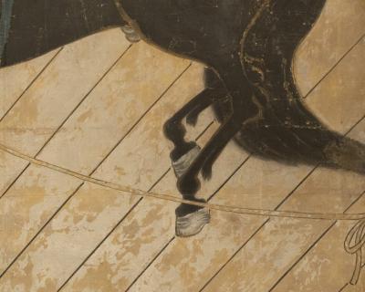 Japanese Two Panel Screen Black Stallion in Stable