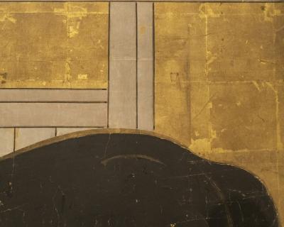 Japanese Two Panel Screen Black Stallion in Stable