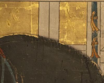 Japanese Two Panel Screen Black Stallion in Stable