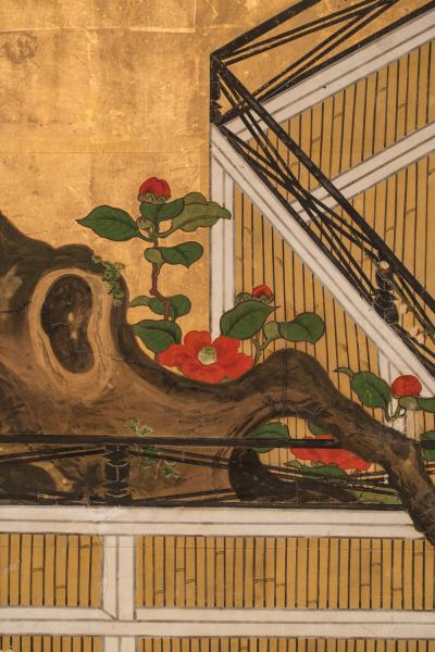 Japanese Two Panel Screen Camellia and Plum Blossom Over a Garden Fence