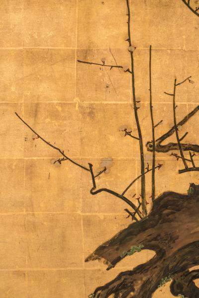 Japanese Two Panel Screen Camellia and Plum Blossom Over a Garden Fence