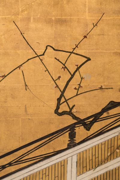 Japanese Two Panel Screen Camellia and Plum Blossom Over a Garden Fence