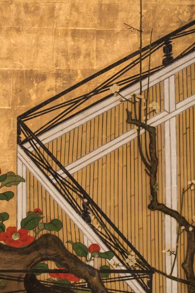 Japanese Two Panel Screen Camellia and Plum Blossom Over a Garden Fence
