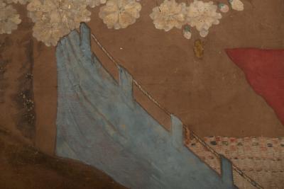 Japanese Two Panel Screen Cherry Blossoms Viewing Party