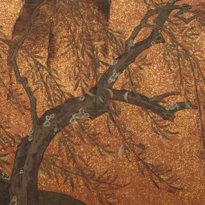 Japanese Two Panel Screen Cherry Blossoms in Willow Landscape