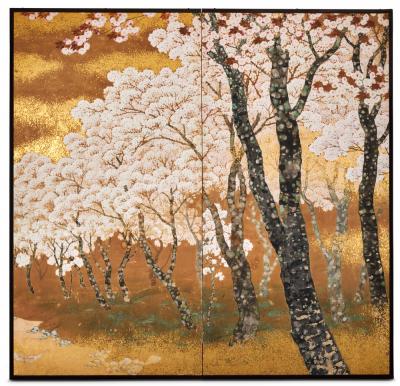 Japanese Two Panel Screen Cherry Grove