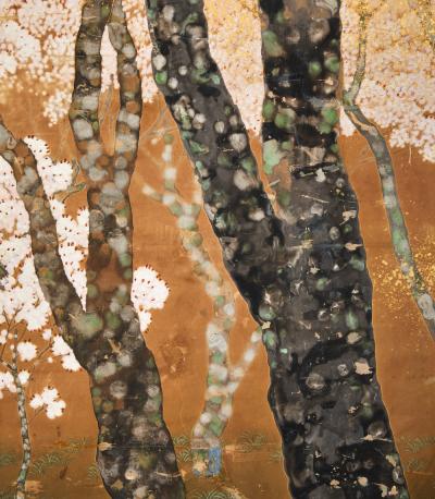 Japanese Two Panel Screen Cherry Grove