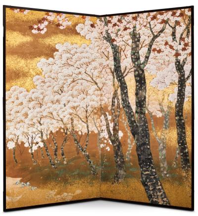 Japanese Two Panel Screen Cherry Grove