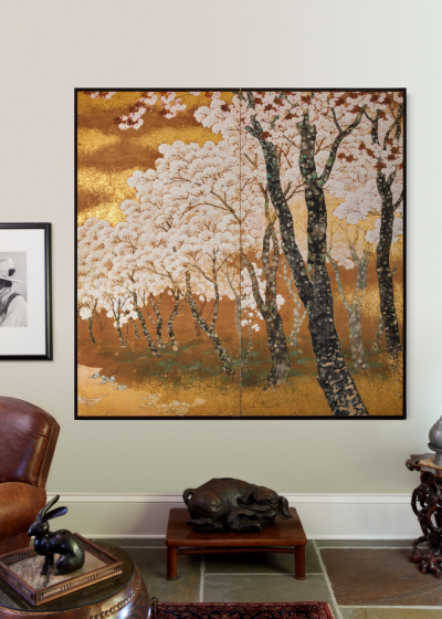 Japanese Two Panel Screen Cherry Grove