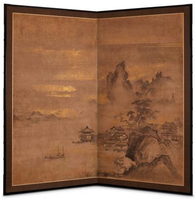 Japanese Two Panel Screen Chinese Landscape