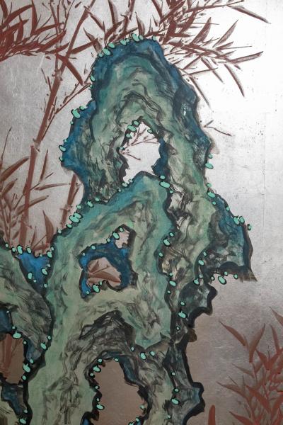 Japanese Two Panel Screen Chinese Style Painting with Calligraphy