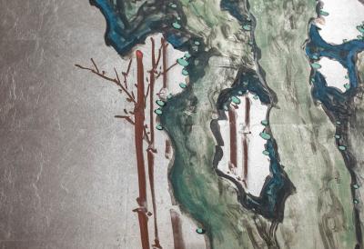 Japanese Two Panel Screen Chinese Style Painting with Calligraphy