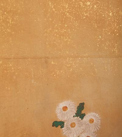 Japanese Two Panel Screen Chrysanthemums Over Twig Fence