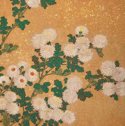 Japanese Two Panel Screen Chrysanthemums Over Twig Fence