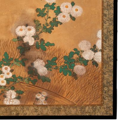 Japanese Two Panel Screen Chrysanthemums Over Twig Fence