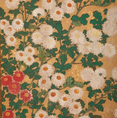 Japanese Two Panel Screen Chrysanthemums Over Twig Fence