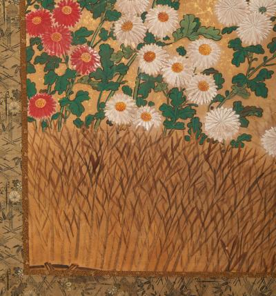 Japanese Two Panel Screen Chrysanthemums Over Twig Fence