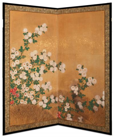 Japanese Two Panel Screen Chrysanthemums Over Twig Fence