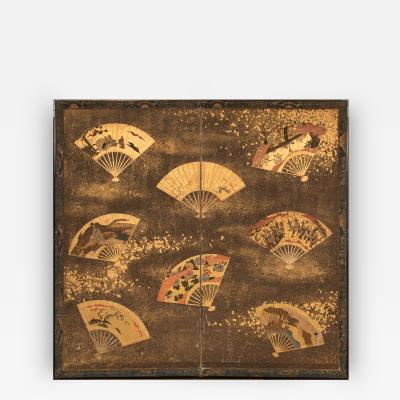 Japanese Two Panel Screen Collection of Fans on Gold